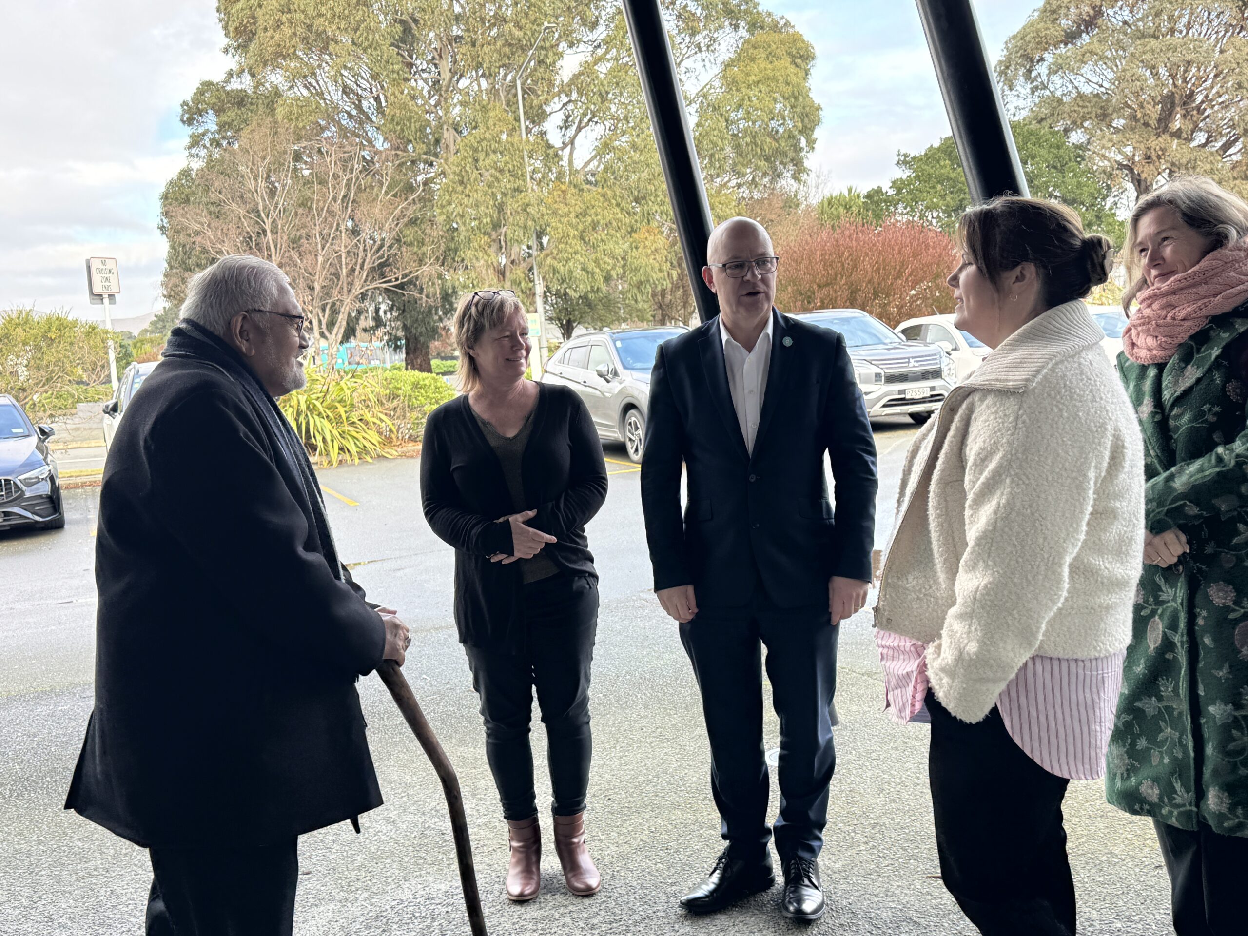 Minister Matt Doocey and kaumatua Henare Te Karu outside Waipuna Youth Services, 26 June 2026
